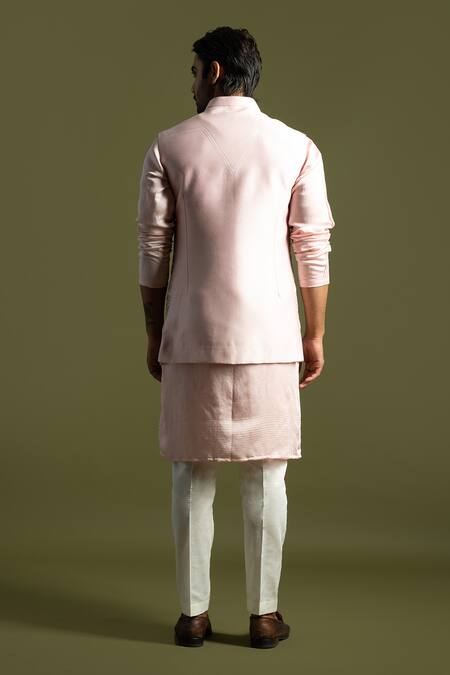 Shop PAARSH Pink Cotton, Chanderi Silk Embroidery Chirwork Nehru Jacket And Kurta Set at Aza Fashions Shop_PAARSH_Pink Cotton, Chanderi Silk Embroidery Chirwork Nehru Jacket And Kurta Set _at_Aza_Fashions