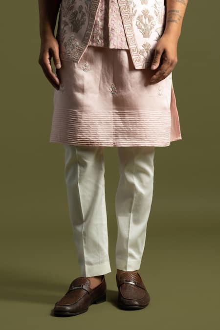 PAARSH Pink Cotton, Chanderi Silk Embroidery Chirwork Nehru Jacket And Kurta Set Online at Aza Fashions PAARSH_Pink Cotton, Chanderi Silk Embroidery Chirwork Nehru Jacket And Kurta Set _Online_at_Aza_Fashions