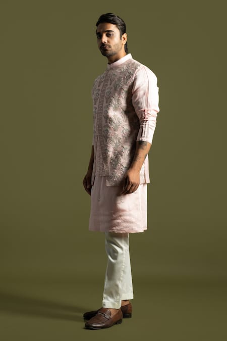 Shop PAARSH Pink Cotton, Chanderi Silk Embroidery Chirwork Nehru Jacket And Kurta Set Online at Aza Fashions Shop_PAARSH_Pink Cotton, Chanderi Silk Embroidery Chirwork Nehru Jacket And Kurta Set _Online_at_Aza_Fashions