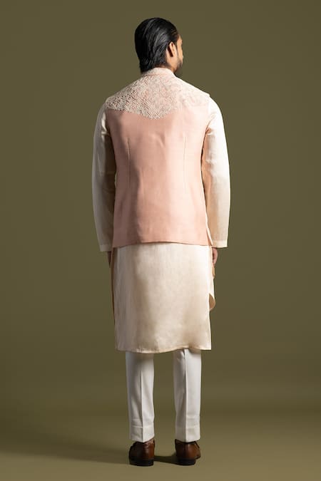 Shop PAARSH Peach Cotton, Bamboo Embroidery Geometric Chirwork Nehru Jacket Kurta Set at Aza Fashions Shop_PAARSH_Peach Cotton, Bamboo Embroidery Geometric Chirwork Nehru Jacket Kurta Set _at_Aza_Fashions