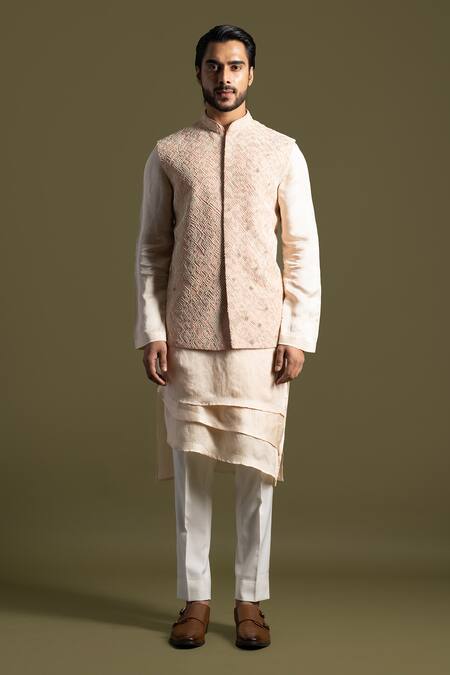 PAARSH Peach Cotton, Bamboo Embroidery Geometric Chirwork Nehru Jacket Kurta Set Online at Aza Fashions PAARSH_Peach Cotton, Bamboo Embroidery Geometric Chirwork Nehru Jacket Kurta Set _Online_at_Aza_Fashions