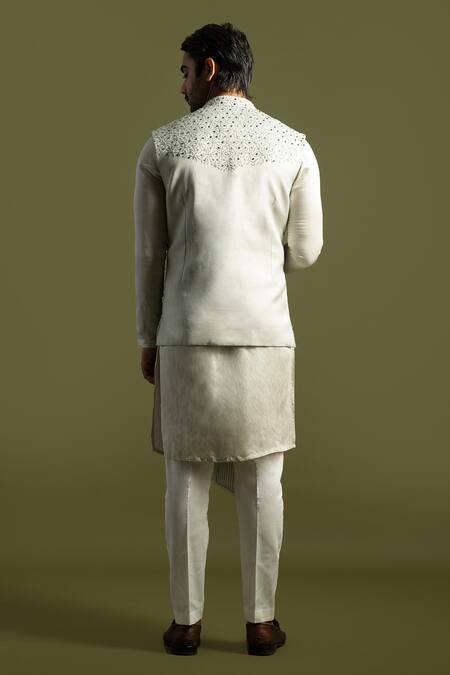 Shop PAARSH Gray Linen, Satin, Cotton Embroidery, Cut Work Grey Bundi Jacket And Kurta Set at Aza Fashions Shop_PAARSH_Gray Linen, Satin, Cotton Embroidery, Cut Work Grey Bundi Jacket And Kurta Set _at_Aza_Fashions