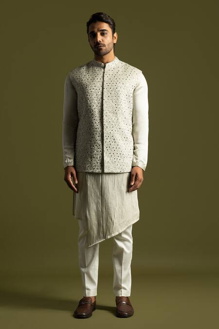 PAARSH Gray Linen, Satin, Cotton Embroidery, Cut Work Grey Bundi Jacket And Kurta Set Online at Aza Fashions PAARSH_Gray Linen, Satin, Cotton Embroidery, Cut Work Grey Bundi Jacket And Kurta Set _Online_at_Aza_Fashions