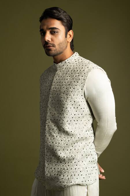 Shop PAARSH Gray Linen, Satin, Cotton Embroidery, Cut Work Grey Bundi Jacket And Kurta Set Online at Aza Fashions Shop_PAARSH_Gray Linen, Satin, Cotton Embroidery, Cut Work Grey Bundi Jacket And Kurta Set _Online_at_Aza_Fashions