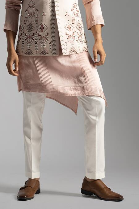 PAARSH_Pink Linen, Satin, Cotton Embroidery Geometric Thread Bundi Jacket And Kurta Set _Online_at_Aza_Fashions