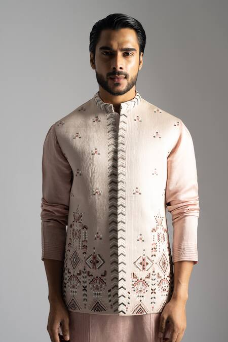 Buy_PAARSH_Pink Linen, Satin, Cotton Embroidery Geometric Thread Bundi Jacket And Kurta Set _Online_at_Aza_Fashions