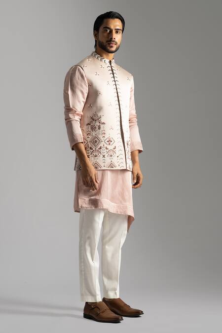 Shop_PAARSH_Pink Linen, Satin, Cotton Embroidery Geometric Thread Bundi Jacket And Kurta Set _Online_at_Aza_Fashions