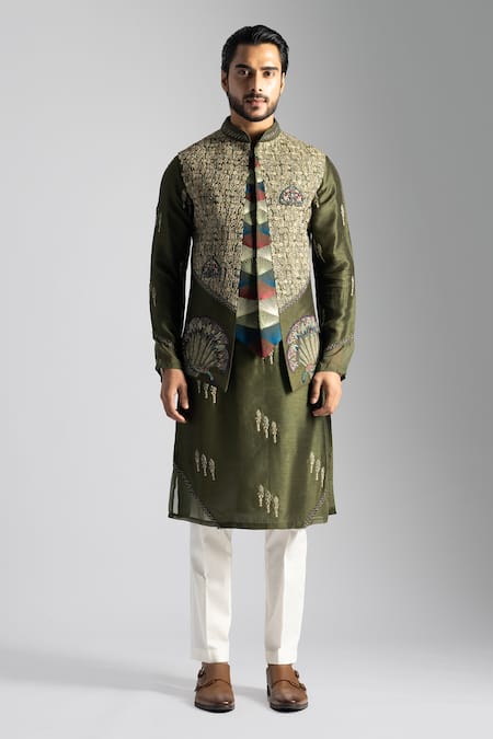 PAARSH_Green Cotton, Bamboo Embroidery Egyptian Script Nehru Jacket Set _Online_at_Aza_Fashions