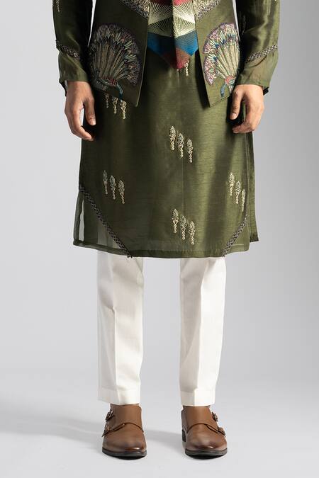 Buy_PAARSH_Green Cotton, Bamboo Embroidery Egyptian Script Nehru Jacket Set _Online_at_Aza_Fashions