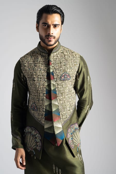 Shop_PAARSH_Green Cotton, Bamboo Embroidery Egyptian Script Nehru Jacket Set _Online_at_Aza_Fashions