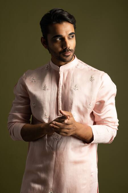 Buy_PAARSH_Pink Linen, Cotton Embroidery, Beads Thread Kurta With Pant Pyjama _Online_at_Aza_Fashions