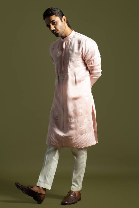 Shop_PAARSH_Pink Linen, Cotton Embroidery, Beads Thread Kurta With Pant Pyjama _Online_at_Aza_Fashions