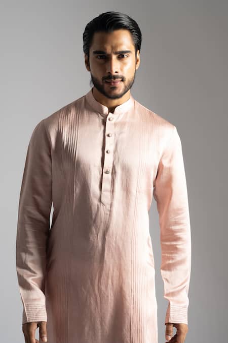Buy PAARSH Pink Linen, Satin, Cotton Embroidery Vertical Pintuck Kurta With Pant Pyjama Online at Aza Fashions Buy_PAARSH_Pink Linen, Satin, Cotton Embroidery Vertical Pintuck Kurta With Pant Pyjama _Online_at_Aza_Fashions