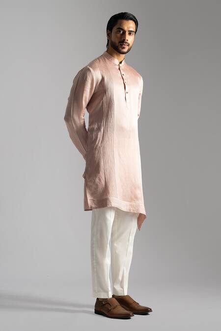 Shop PAARSH Pink Linen, Satin, Cotton Embroidery Vertical Pintuck Kurta With Pant Pyjama Online at Aza Fashions Shop_PAARSH_Pink Linen, Satin, Cotton Embroidery Vertical Pintuck Kurta With Pant Pyjama _Online_at_Aza_Fashions