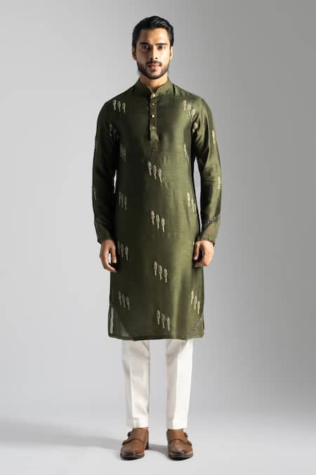 Buy_PAARSH_Green Linen, Satin, Cotton Embroidery Dori Floral Kurta With Pant Pyjama _Online_at_Aza_Fashions
