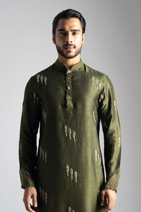 Shop_PAARSH_Green Linen, Satin, Cotton Embroidery Dori Floral Kurta With Pant Pyjama _Online_at_Aza_Fashions