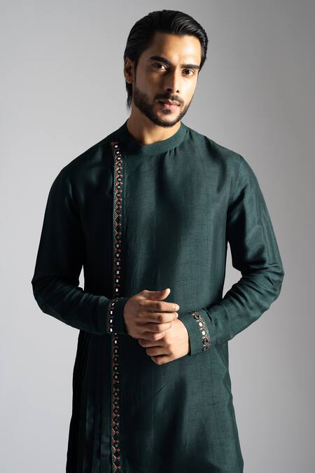 Buy_PAARSH_Emerald Green Cotton Embroidery Mirrorwork Kurta And Pant Set _Online_at_Aza_Fashions
