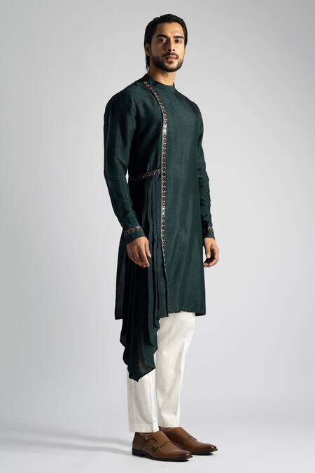 Shop_PAARSH_Emerald Green Cotton Embroidery Mirrorwork Kurta And Pant Set _Online_at_Aza_Fashions