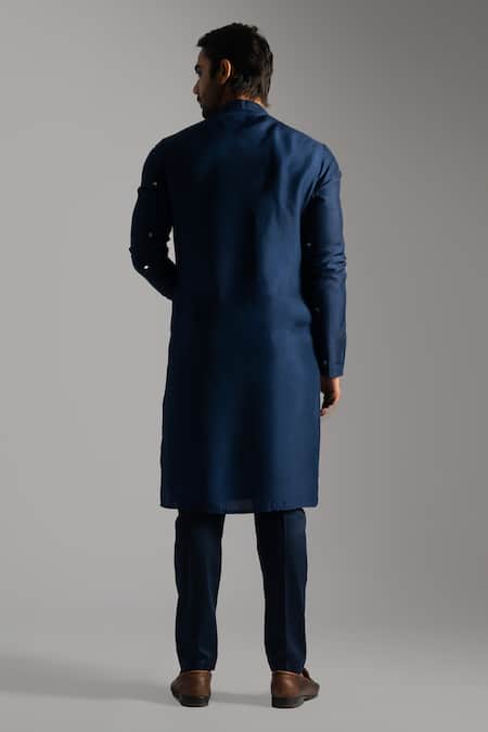 Shop PAARSH Blue Linen, Satin, Cotton Embroidery Mirrorwork Kurta With Pant Pyjama at Aza Fashions Shop_PAARSH_Blue Linen, Satin, Cotton Embroidery Mirrorwork Kurta With Pant Pyjama _at_Aza_Fashions