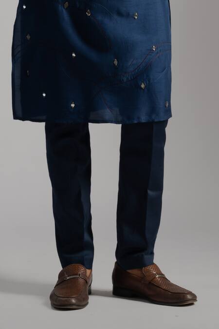 PAARSH Blue Linen, Satin, Cotton Embroidery Mirrorwork Kurta With Pant Pyjama Online at Aza Fashions PAARSH_Blue Linen, Satin, Cotton Embroidery Mirrorwork Kurta With Pant Pyjama _Online_at_Aza_Fashions