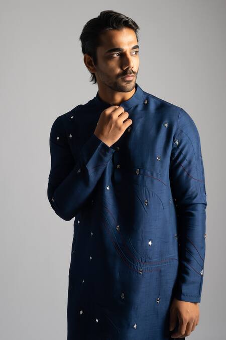 Buy PAARSH Blue Linen, Satin, Cotton Embroidery Mirrorwork Kurta With Pant Pyjama Online at Aza Fashions Buy_PAARSH_Blue Linen, Satin, Cotton Embroidery Mirrorwork Kurta With Pant Pyjama _Online_at_Aza_Fashions