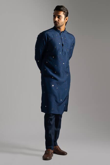 Shop PAARSH Blue Linen, Satin, Cotton Embroidery Mirrorwork Kurta With Pant Pyjama Online at Aza Fashions Shop_PAARSH_Blue Linen, Satin, Cotton Embroidery Mirrorwork Kurta With Pant Pyjama _Online_at_Aza_Fashions