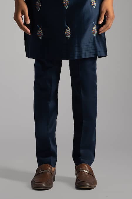 Buy_PAARSH_Blue Chanderi, Cotton Embroidery, Beads Navy Kurta Set _Online_at_Aza_Fashions