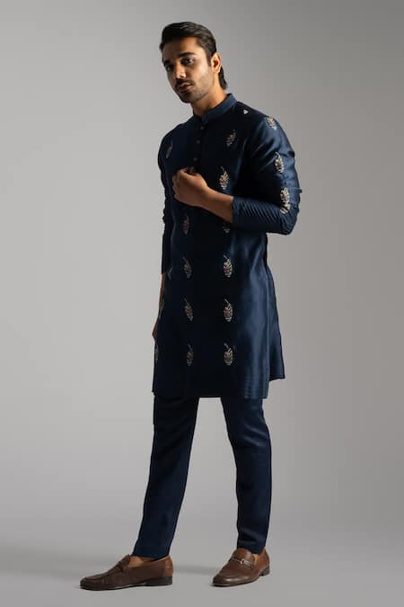 PAARSH_Blue Chanderi, Cotton Embroidery, Beads Navy Kurta Set _at_Aza_Fashions