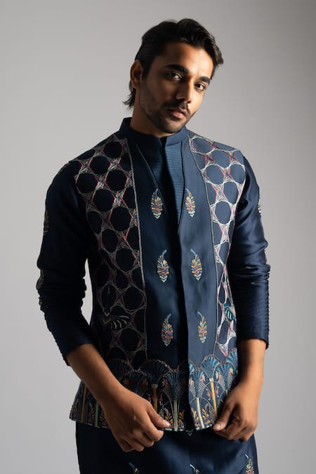 Buy_PAARSH_Blue Chanderi, Cotton Embroidery, Beads Navy Kurta Set 