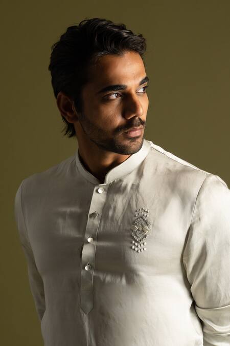 Buy_PAARSH_Grey Linen, Satin, Cotton Beads Beadwork Placement Kurta With Pant Pyjama _Online_at_Aza_Fashions