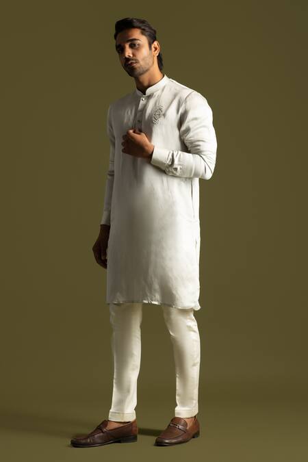 Shop_PAARSH_Grey Linen, Satin, Cotton Beads Beadwork Placement Kurta With Pant Pyjama _Online_at_Aza_Fashions