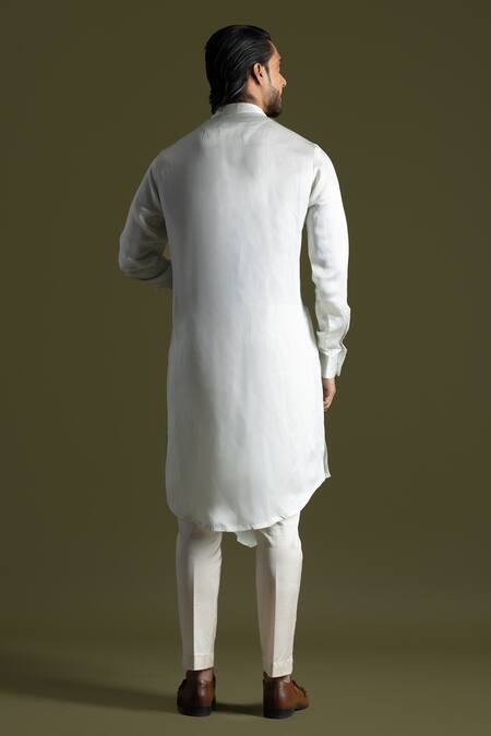 Shop PAARSH Blue Linen, Satin, Cotton Solid Symmetric Drape Kurta With Pant Pyjama at Aza Fashions Shop_PAARSH_Blue Linen, Satin, Cotton Solid Symmetric Drape Kurta With Pant Pyjama _at_Aza_Fashions