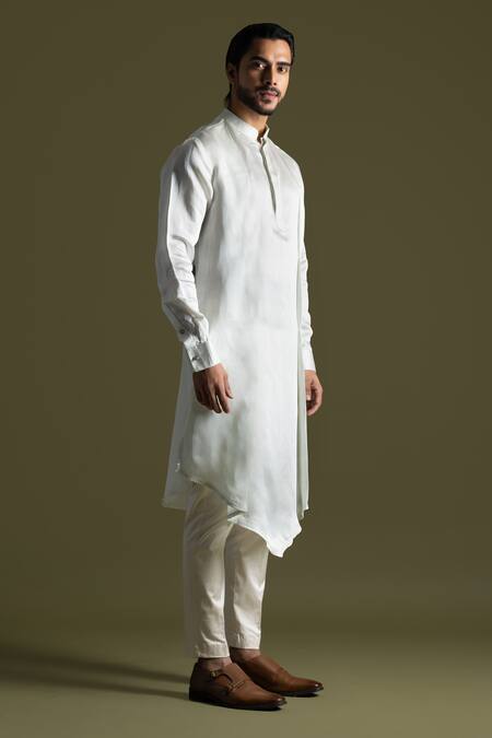 Shop PAARSH Blue Linen, Satin, Cotton Solid Symmetric Drape Kurta With Pant Pyjama Online at Aza Fashions Shop_PAARSH_Blue Linen, Satin, Cotton Solid Symmetric Drape Kurta With Pant Pyjama _Online_at_Aza_Fashions