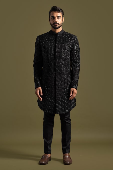 Paarsh Black Suiting Embroidery Leather Geometric Florin Achkan With Trouser For Men