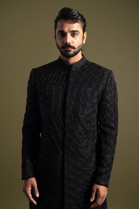 Buy PAARSH Black Beads, Sequins Geometric Florin Embroidered Achkan With Trouser Online at Aza Fashions Buy_PAARSH_Black Beads, Sequins Geometric Florin Embroidered Achkan With Trouser _Online_at_Aza_Fashions