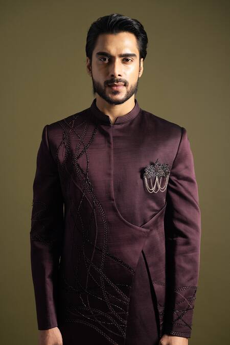 Buy PAARSH Purple Linen, Satin Brooches Mystic Swerve Embroidered Achkan With Trouser Online at Aza Fashions Buy_PAARSH_Purple Linen, Satin Brooches Mystic Swerve Embroidered Achkan With Trouser _Online_at_Aza_Fashions