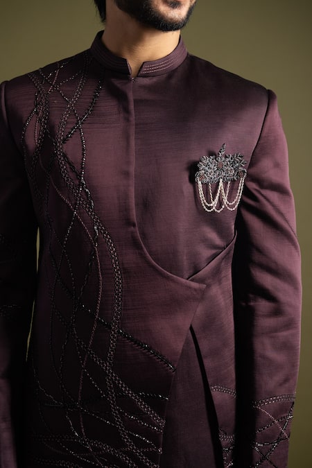 PAARSH Purple Linen, Satin Brooches Mystic Swerve Embroidered Achkan With Trouser at Aza Fashions PAARSH_Purple Linen, Satin Brooches Mystic Swerve Embroidered Achkan With Trouser _at_Aza_Fashions