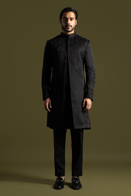 PAARSH Black Cotton, Linen, Satin Embroidery Synodic Storm Achkan Trouser Set Online at Aza Fashions PAARSH_Black Cotton, Linen, Satin Embroidery Synodic Storm Achkan Trouser Set _Online_at_Aza_Fashions