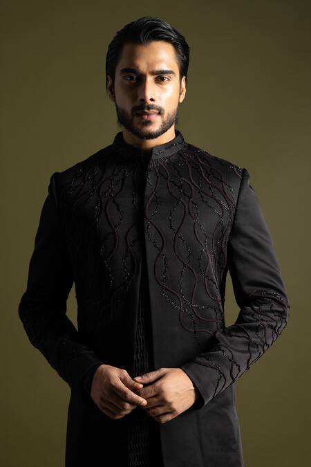 Shop PAARSH Black Cotton, Linen, Satin Embroidery Synodic Storm Achkan Trouser Set Online at Aza Fashions Shop_PAARSH_Black Cotton, Linen, Satin Embroidery Synodic Storm Achkan Trouser Set _Online_at_Aza_Fashions