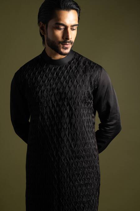 PAARSH_Black Cotton, Linen, Satin Waffle Smock Kurta With Trouser _Online_at_Aza_Fashions