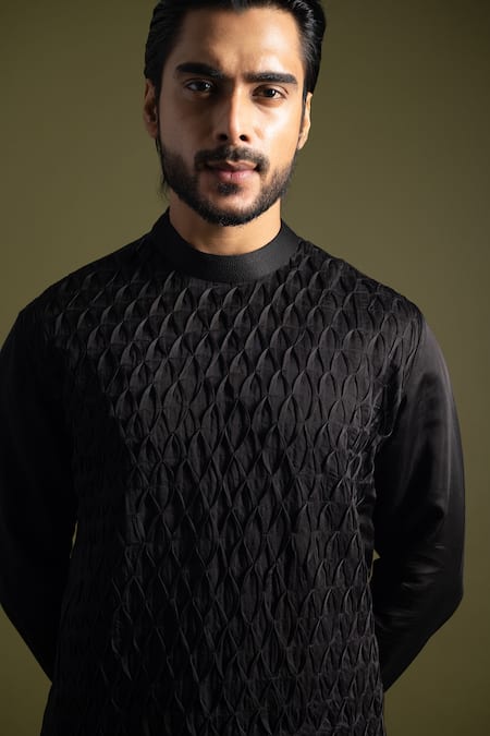 Buy_PAARSH_Black Cotton, Linen, Satin Waffle Smock Kurta With Trouser _Online_at_Aza_Fashions