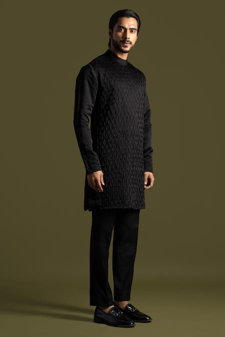 Shop_PAARSH_Black Cotton, Linen, Satin Waffle Smock Kurta With Trouser _Online_at_Aza_Fashions