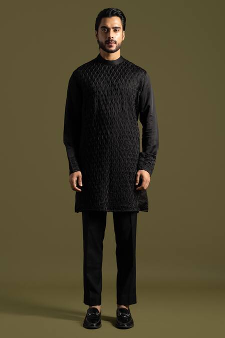 Buy_PAARSH_Black Cotton, Linen, Satin Waffle Smock Kurta With Trouser 