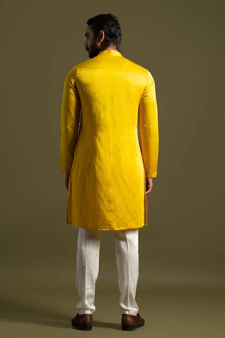 Shop PAARSH Yellow Cotton, Linen, Satin Embroidery Bullion Leaf Kurta With Trouser at Aza Fashions Shop_PAARSH_Yellow Cotton, Linen, Satin Embroidery Bullion Leaf Kurta With Trouser _at_Aza_Fashions