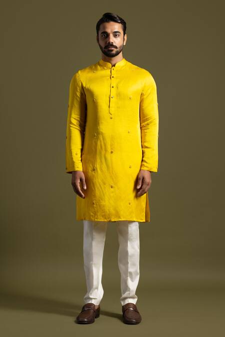 Buy PAARSH Yellow Cotton, Linen, Satin Embroidery Bullion Leaf Kurta With Trouser Online at Aza Fashions Buy_PAARSH_Yellow Cotton, Linen, Satin Embroidery Bullion Leaf Kurta With Trouser _Online_at_Aza_Fashions