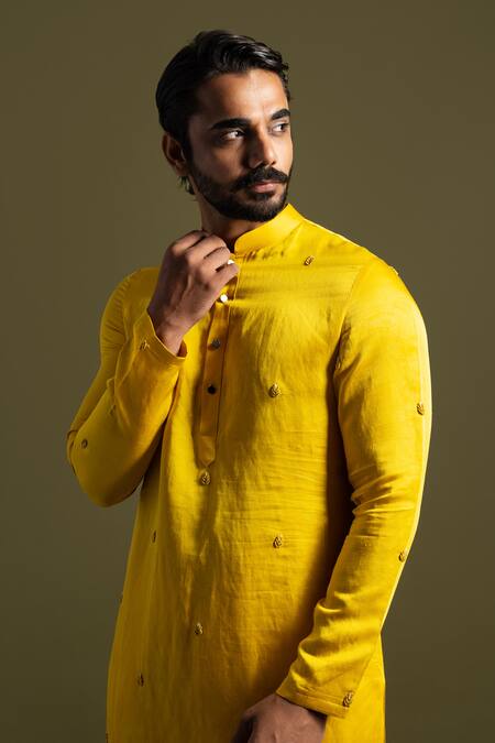 Shop PAARSH Yellow Cotton, Linen, Satin Embroidery Bullion Leaf Kurta With Trouser Online at Aza Fashions Shop_PAARSH_Yellow Cotton, Linen, Satin Embroidery Bullion Leaf Kurta With Trouser _Online_at_Aza_Fashions