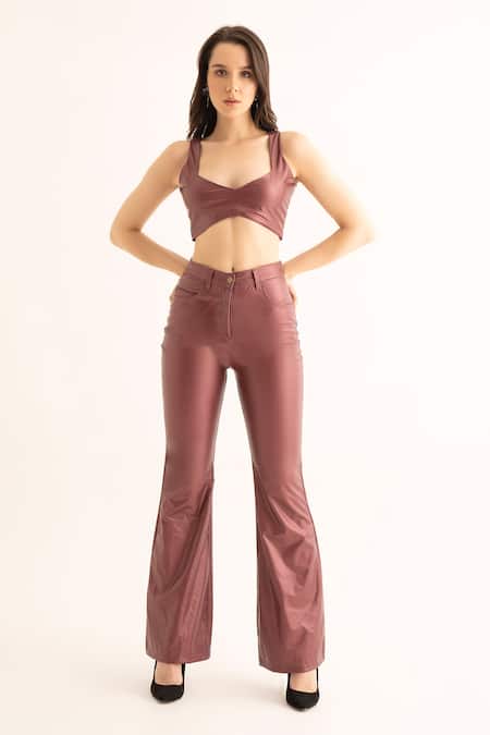 Shop_Torqadorn_Red Poly Leather Blend Plain Solid Flared Pant _Online_at_Aza_Fashions