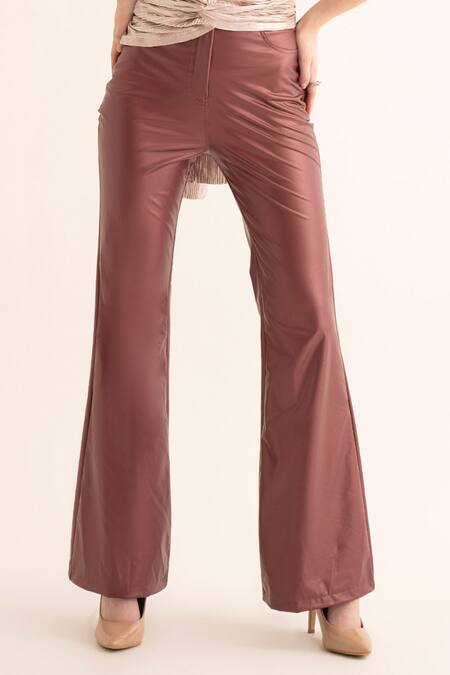 Torqadorn_Red Poly Leather Blend Plain Solid Flared Pant _at_Aza_Fashions