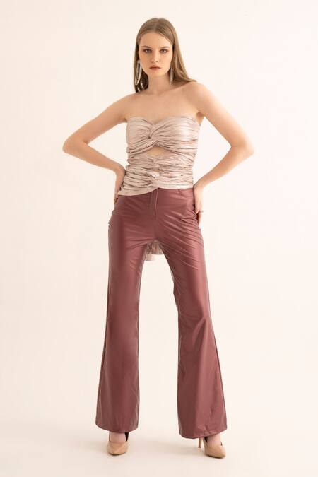 Buy_Torqadorn_Red Poly Leather Blend Plain Solid Flared Pant 