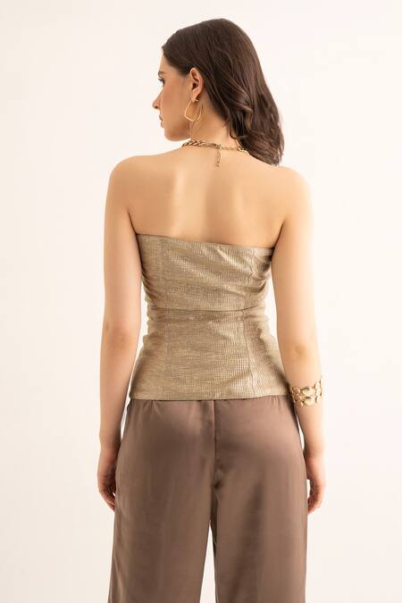Shop_Torqadorn_Brown Polyester Open Neck Metallic Pleated Tube Waistcoat_at_Aza_Fashions